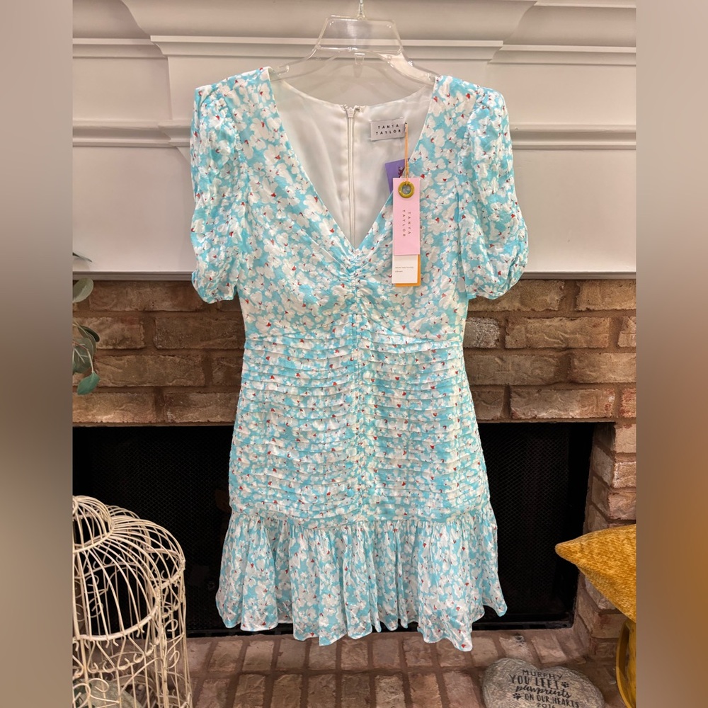 Tanya Taylor Pansy Dress in Floral Blue Silk Blend Lined